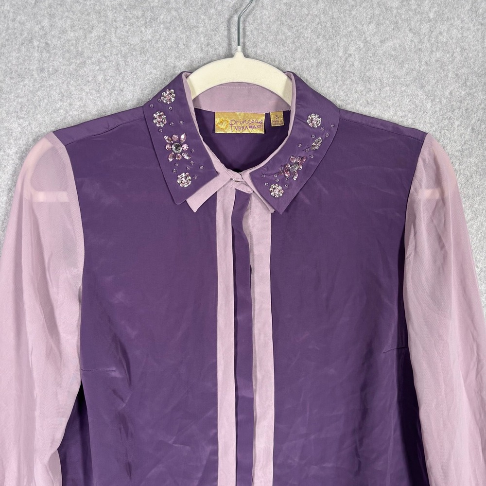 Princess Vera Wang Embellished Sheer Blouse Small Purple Lilac Rhinestone Button